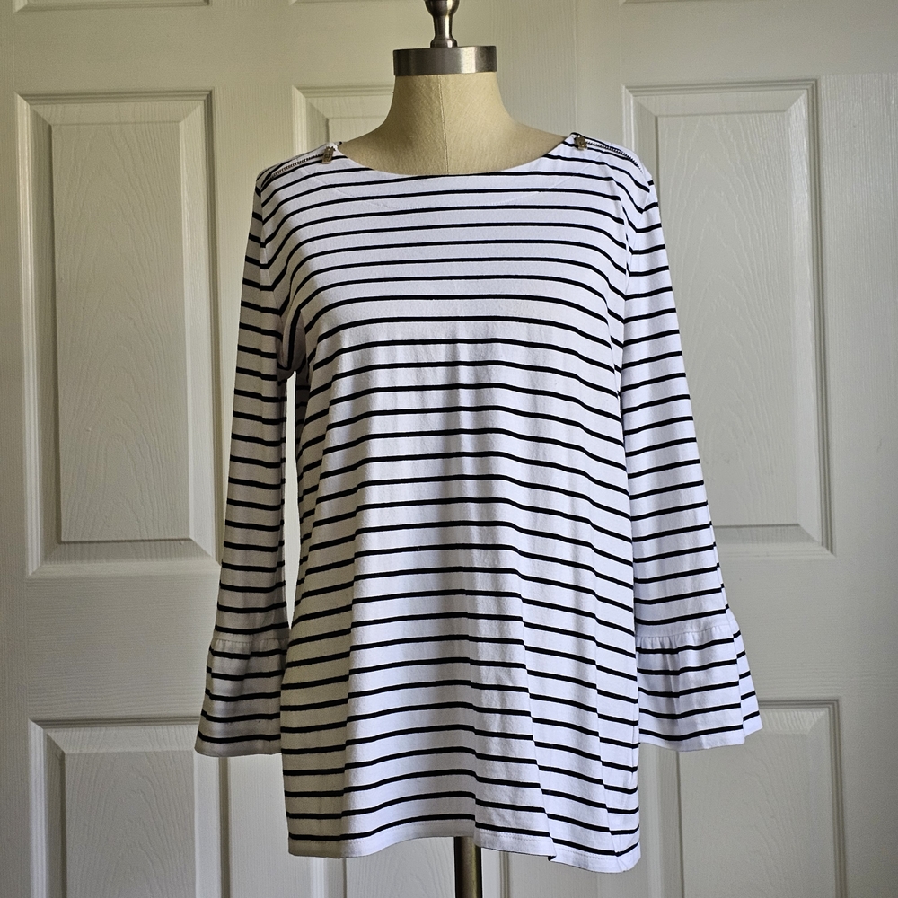 Anne Klein Black and White Striped Long Sleeve Top